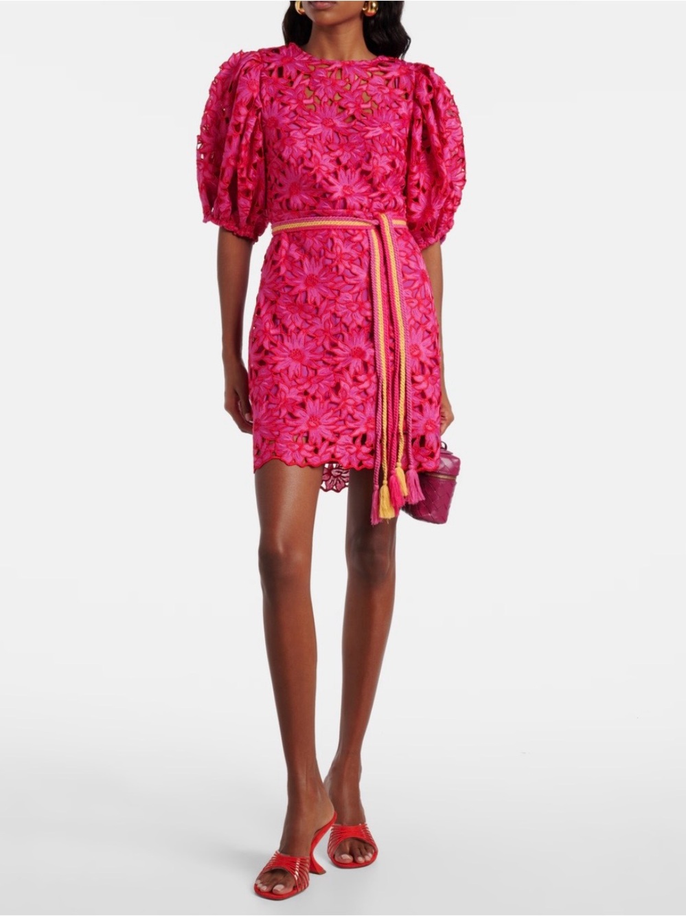 FARM Rio Hot Pink Floral Cutwork Puff-Sleeve Mini Dress